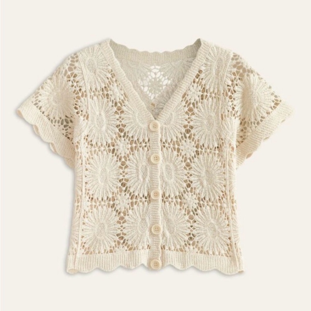 Commense Ivory Crochet Floral Button Front Cardigan Sweater